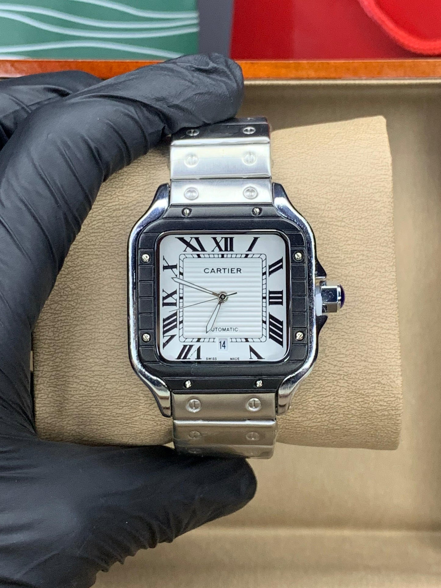 Cartier Santos SilverBlack Chain White Dial