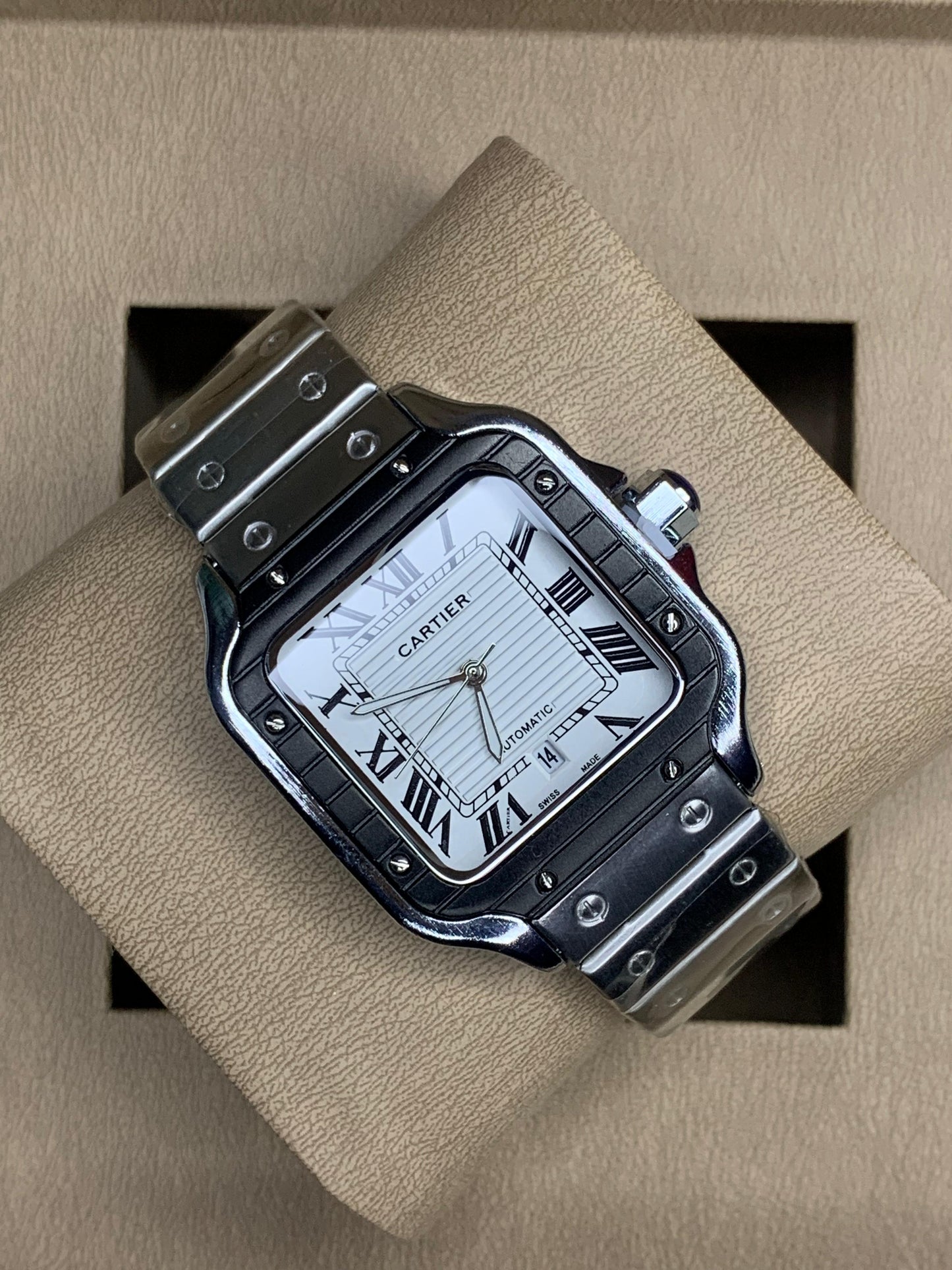 Cartier Santos SilverBlack Chain White Dial