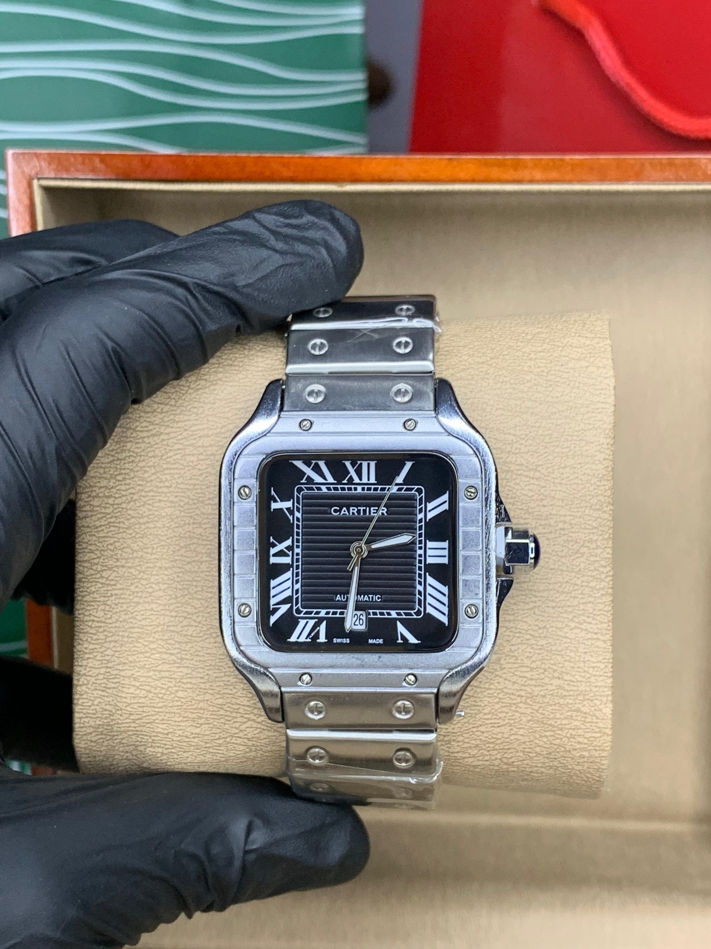 Cartier Santos Silver Chain Black Dial