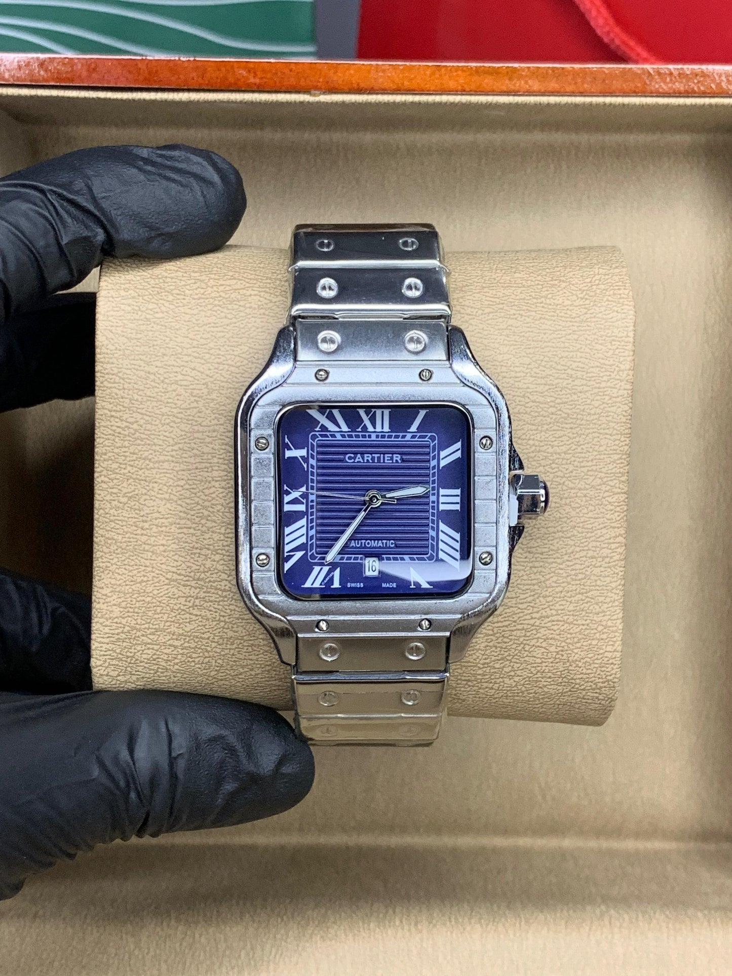 Cartier Santos Silver Chain Blue Dial